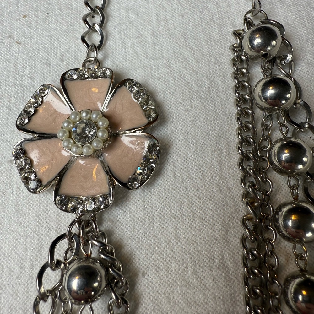 Western Elegance Silver+Pink Enamel Long Flower Pendant Pearls Multi-Layer
